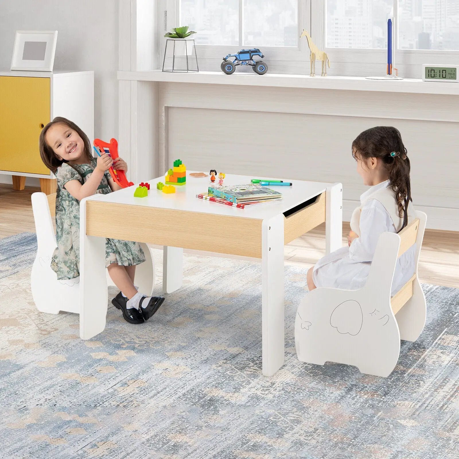 4-in-1 Wooden Activity Kids Table and Chairs with Storage and Detachable Blackboard by DirectDeals