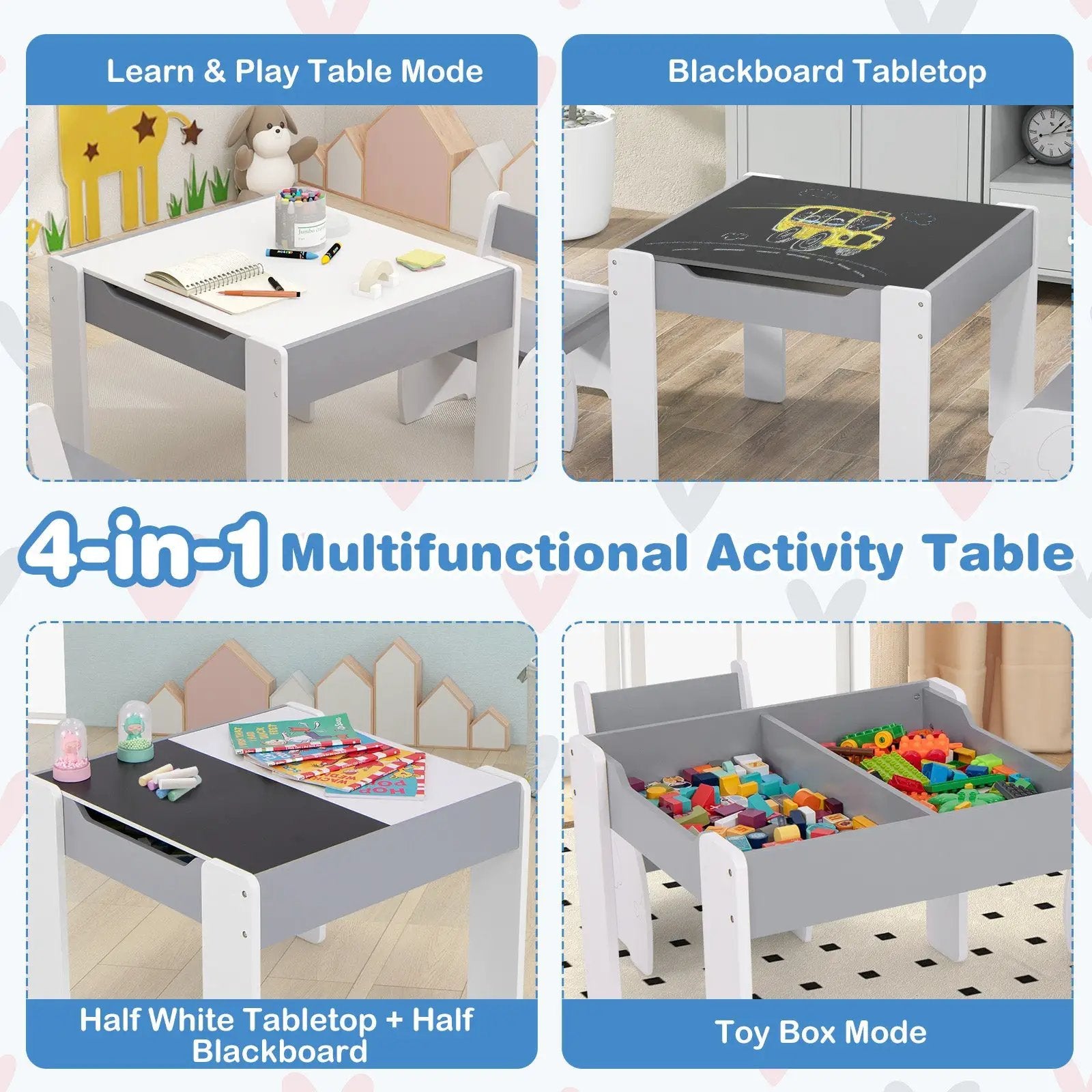 4-in-1 Wooden Activity Kids Table and Chairs with Storage and Detachable Blackboard by DirectDeals