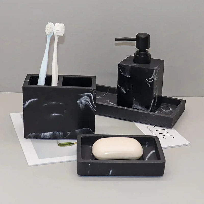 4pcs Bathroom Set: Soap Dispenser, Toothbrush Holder, Soap Dish, Storage Tray – Black Design, Suitable for All Bath Styles to Create a Cozy Home Decor Experience Year-Round by House Of Avana