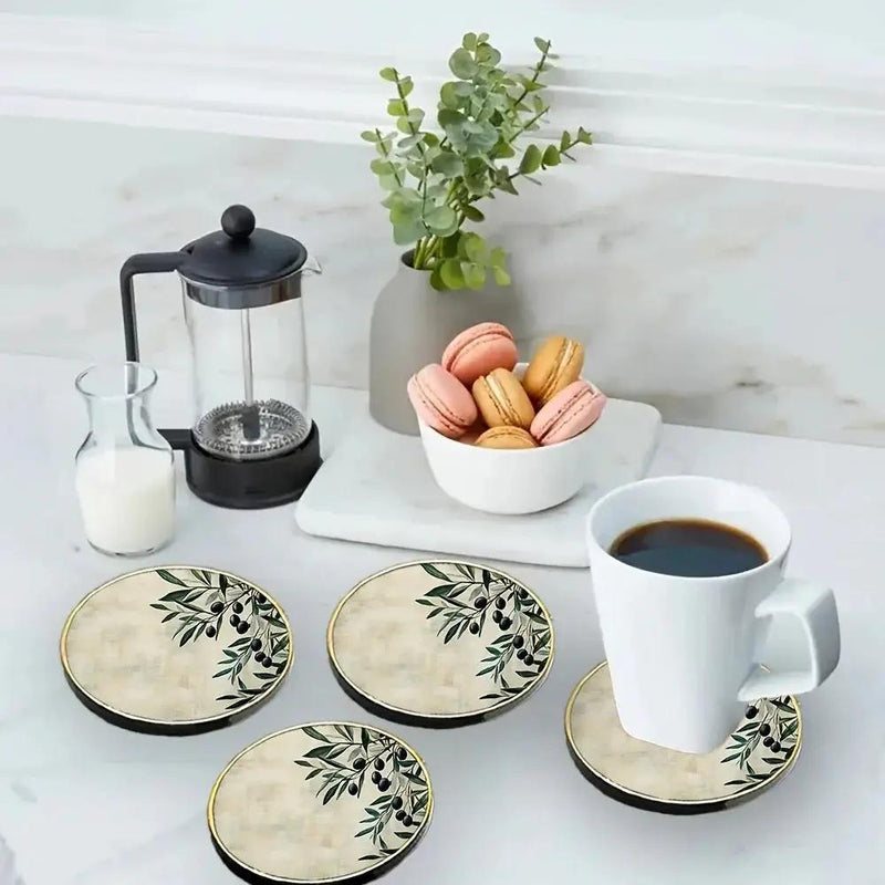 4pcs Elegant Glass Coasters with Olive Design - Heat-Resistant, Waterproof, Ideal for Home, Office, Cafe, Bar Decor - Perfect Holiday Gift for Christmas, Halloween, Thanksgiving, St. Patrick'S Day, Office Decor|Elegant Tablew by House Of Avana