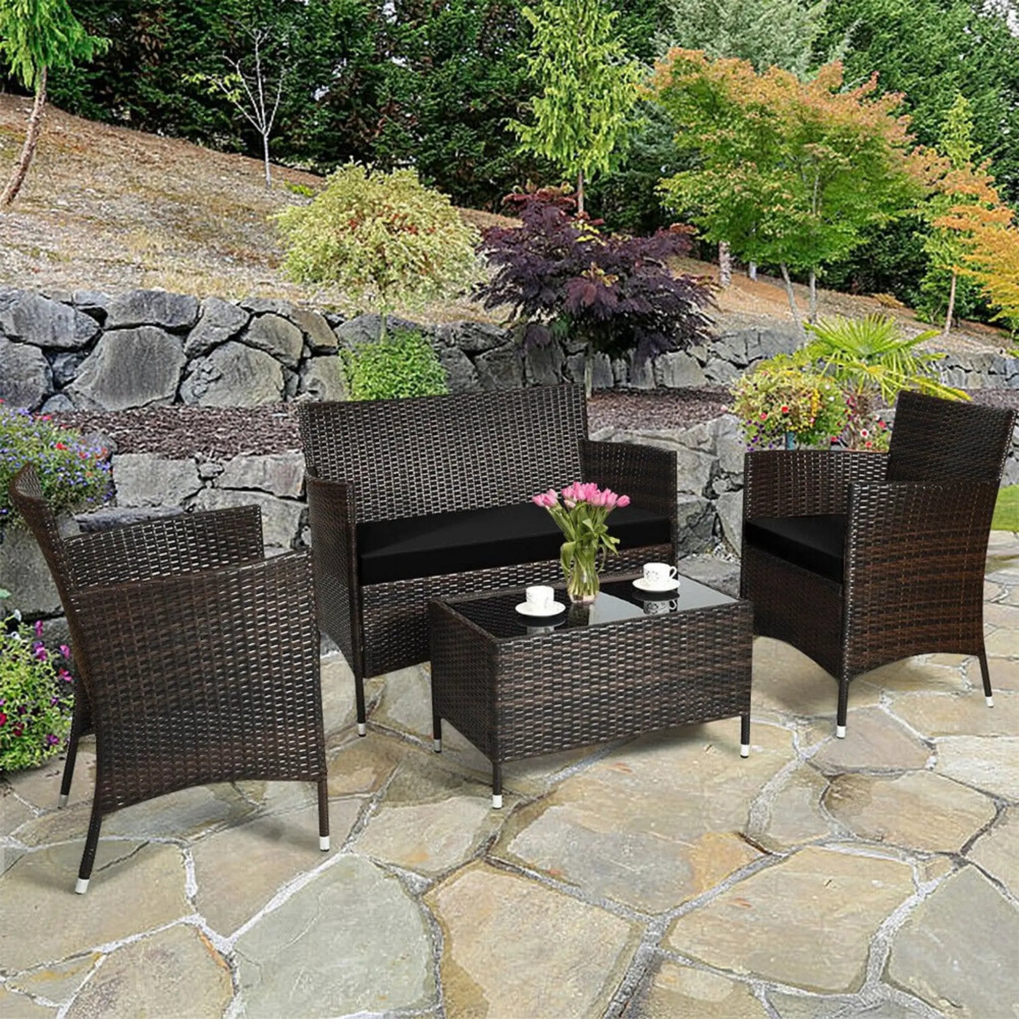 Alora 4-Piece Outdoor Rattan Patio Furniture Set With Cushions & Coffee Table (SAK75463) by SAKSBY WHOLESALE