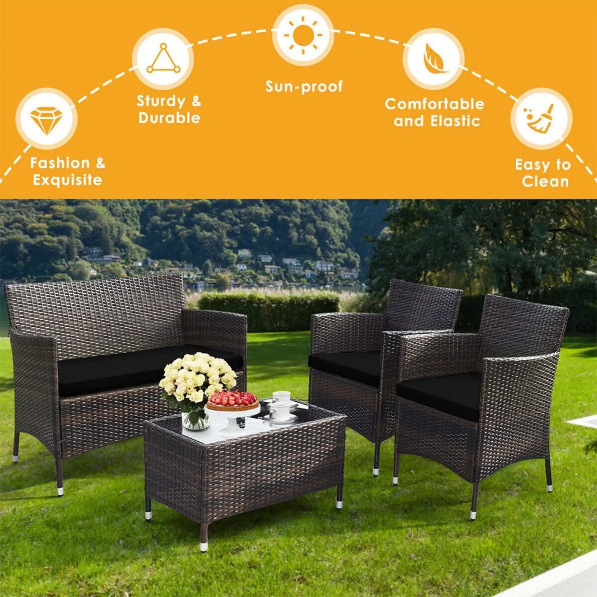 Alora 4-Piece Outdoor Rattan Patio Furniture Set With Cushions & Coffee Table (SAK75463) by SAKSBY WHOLESALE