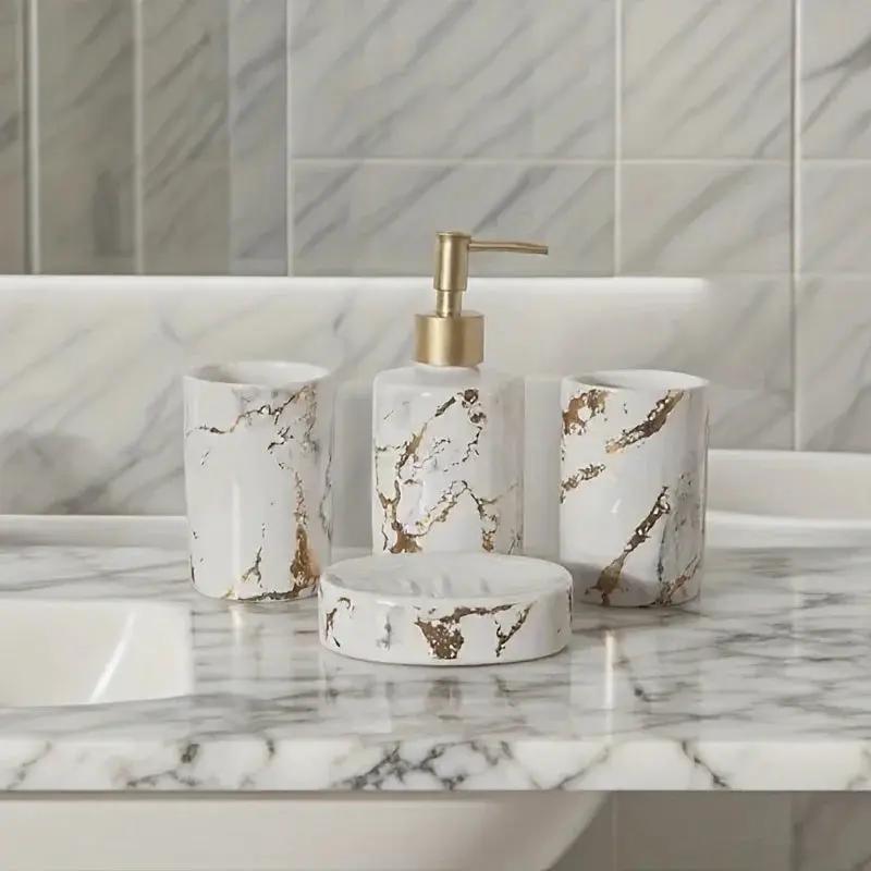 4pcs set of marble pattern, ceramic bathroom toiletry set, mouthwash cup, toothbrush cup, lotion bottle, soap box set bathroom wash high-end gift set, suitable for family hotel homestay bathroom use, ceramic material Nordic l by House Of Avana