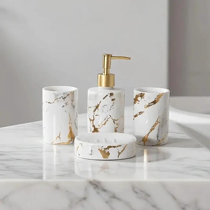 4pcs set of marble pattern, ceramic bathroom toiletry set, mouthwash cup, toothbrush cup, lotion bottle, soap box set bathroom wash high-end gift set, suitable for family hotel homestay bathroom use, ceramic material Nordic l by House Of Avana
