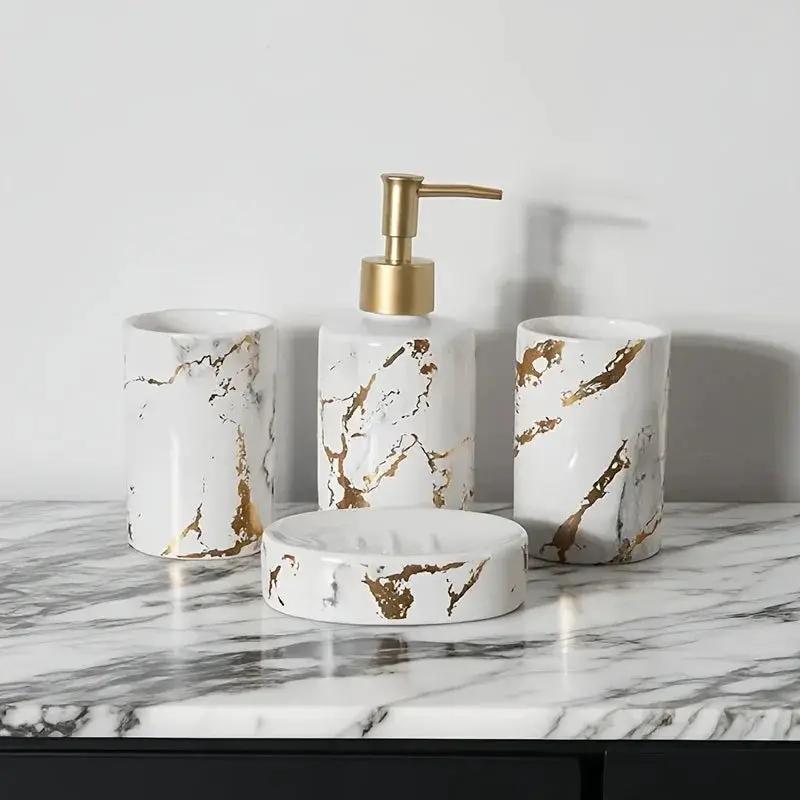 4pcs set of marble pattern, ceramic bathroom toiletry set, mouthwash cup, toothbrush cup, lotion bottle, soap box set bathroom wash high-end gift set, suitable for family hotel homestay bathroom use, ceramic material Nordic l by House Of Avana