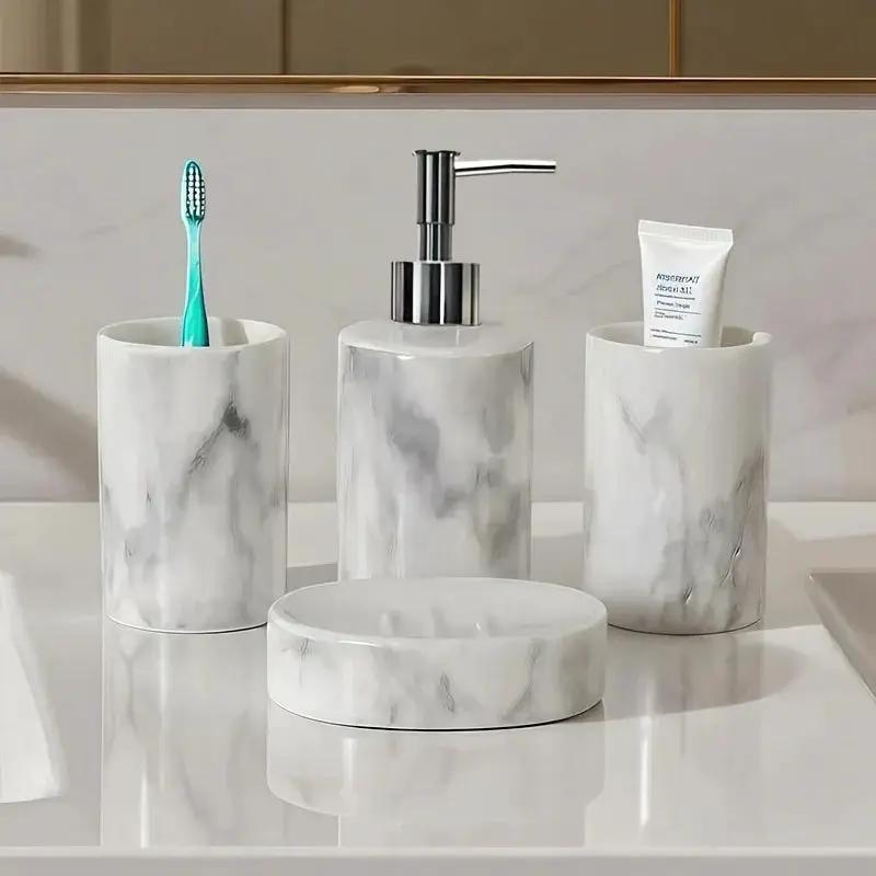 4pcs set of marble pattern, ceramic bathroom toiletry set, mouthwash cup, toothbrush cup, lotion bottle, soap box set bathroom wash high-end gift set, suitable for family hotel homestay bathroom use, ceramic material Nordic l by House Of Avana