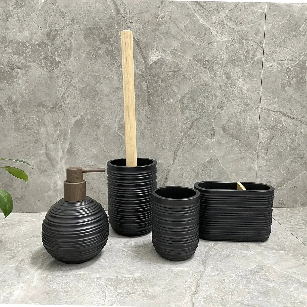 [4pcs Wooden Bathroom Set] Four-piece Wooden Bathroom Set | Wood Grain Water Transfer Print Nozzle Beige Sandstone Lotion Bottle Mouth Cup Toothbrush Holder Toilet Brush with Wooden Handle by House Of Avana