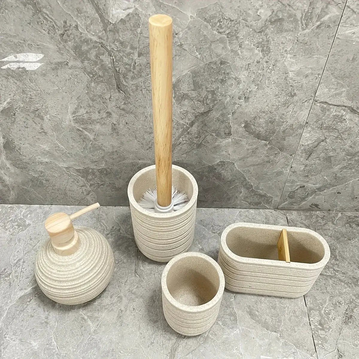 [4pcs Wooden Bathroom Set] Four-piece Wooden Bathroom Set | Wood Grain Water Transfer Print Nozzle Beige Sandstone Lotion Bottle Mouth Cup Toothbrush Holder Toilet Brush with Wooden Handle by House Of Avana