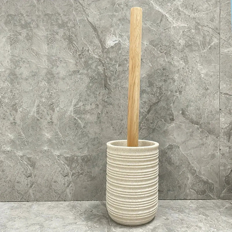 [4pcs Wooden Bathroom Set] Four-piece Wooden Bathroom Set | Wood Grain Water Transfer Print Nozzle Beige Sandstone Lotion Bottle Mouth Cup Toothbrush Holder Toilet Brush with Wooden Handle by House Of Avana