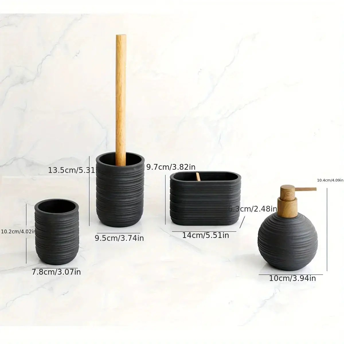[4pcs Wooden Bathroom Set] Four-piece Wooden Bathroom Set | Wood Grain Water Transfer Print Nozzle Beige Sandstone Lotion Bottle Mouth Cup Toothbrush Holder Toilet Brush with Wooden Handle by House Of Avana