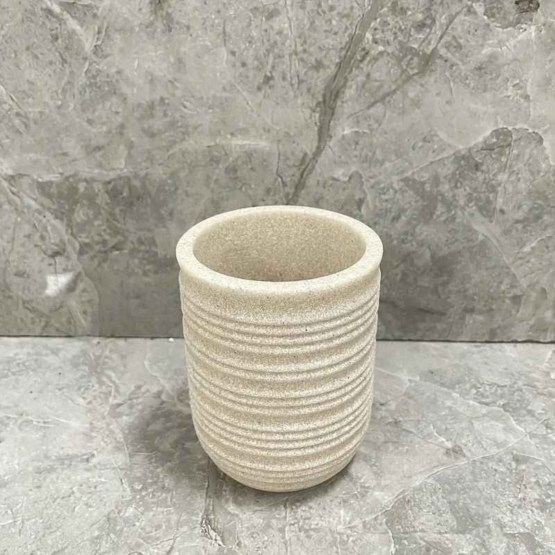 [4pcs Wooden Bathroom Set] Four-piece Wooden Bathroom Set | Wood Grain Water Transfer Print Nozzle Beige Sandstone Lotion Bottle Mouth Cup Toothbrush Holder Toilet Brush with Wooden Handle by House Of Avana