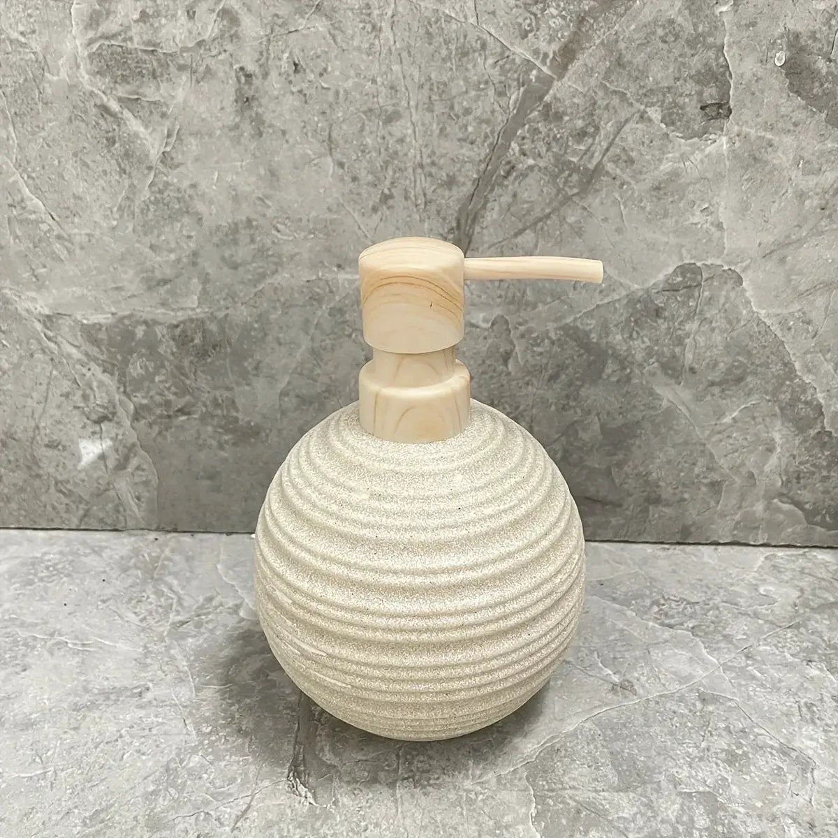 [4pcs Wooden Bathroom Set] Four-piece Wooden Bathroom Set | Wood Grain Water Transfer Print Nozzle Beige Sandstone Lotion Bottle Mouth Cup Toothbrush Holder Toilet Brush with Wooden Handle by House Of Avana