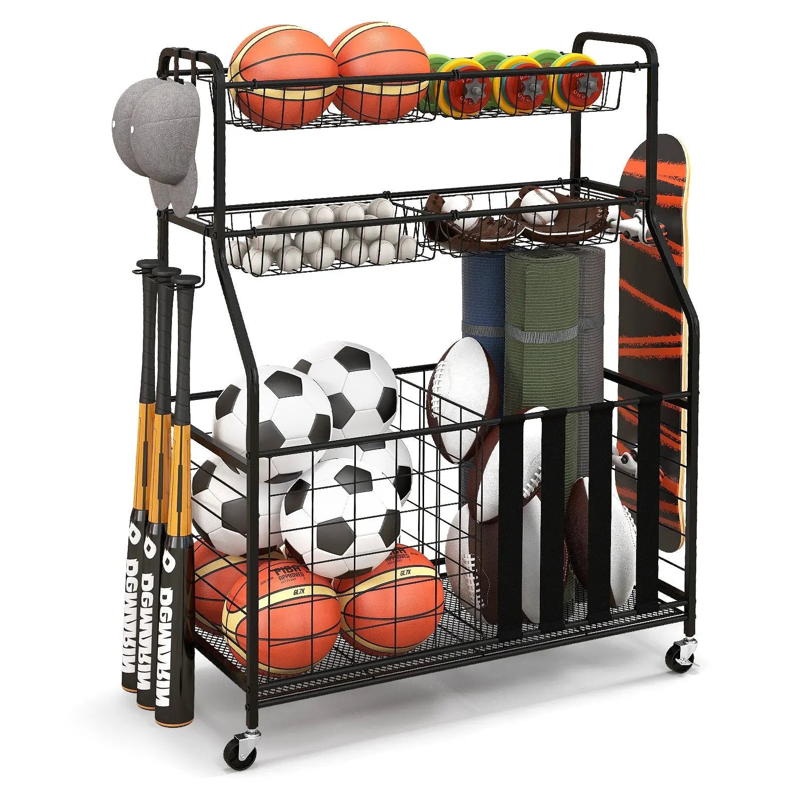 Garage Sports Equipment Organizer with Hooks & Baskets for Basketball-Black by DirectDeals