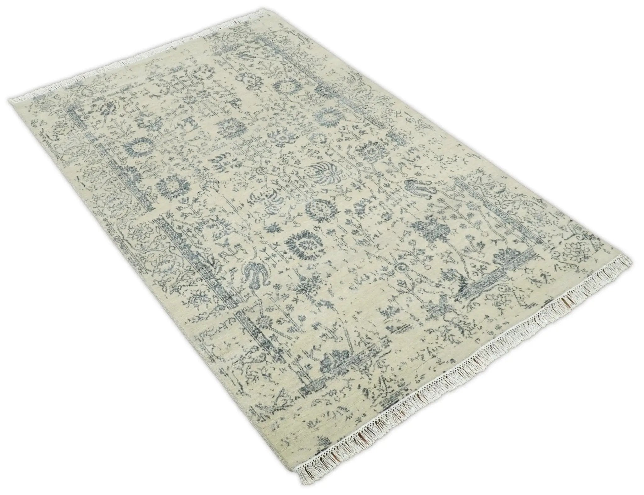 4x6 Fine Hand Knotted Beige and Gray Traditional Vintage Persian Style Antique Wool and Silk Rug | AGR14 by The Rug Decor