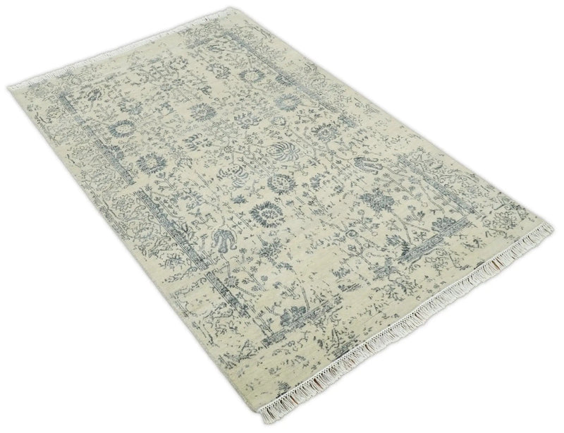 4x6 Fine Hand Knotted Beige and Gray Traditional Vintage Persian Style Antique Wool and Silk Rug | AGR14 by The Rug Decor