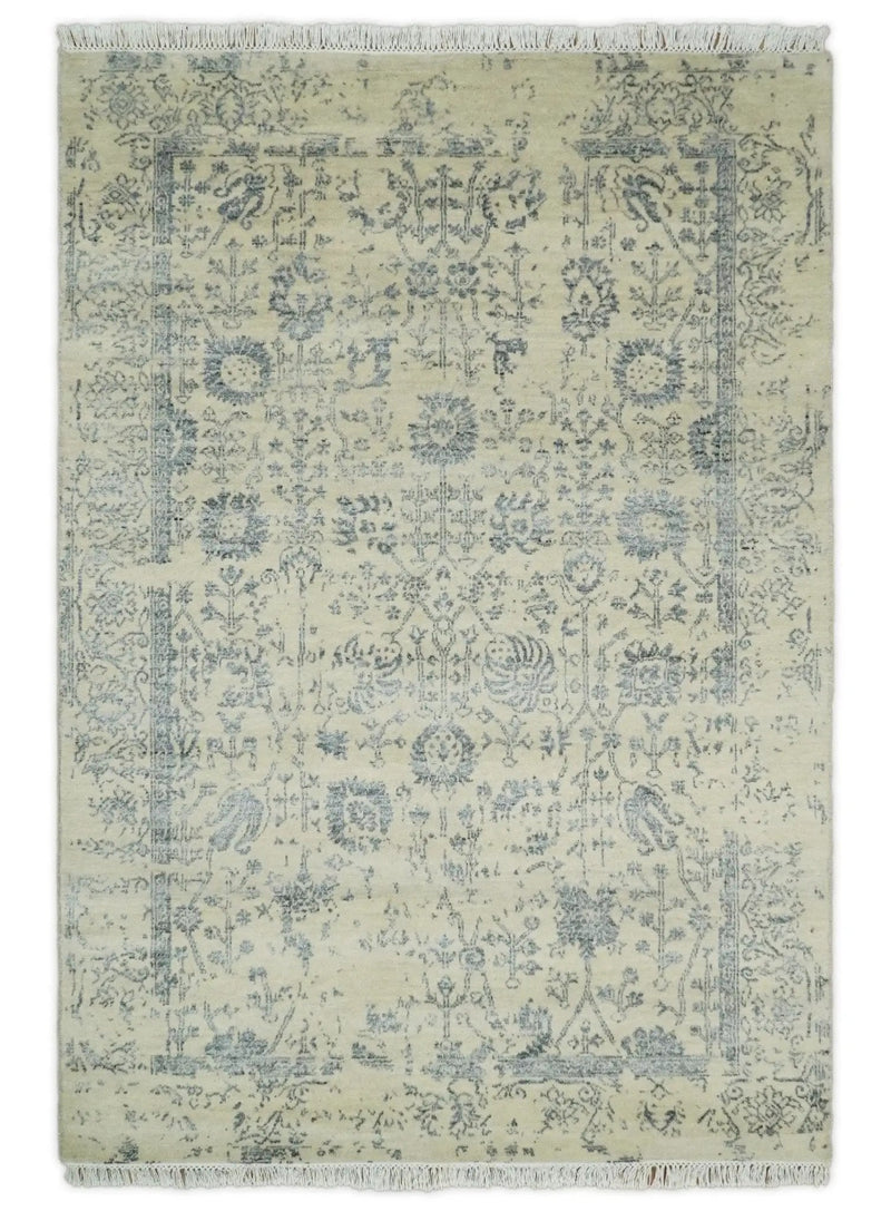 4x6 Fine Hand Knotted Beige and Gray Traditional Vintage Persian Style Antique Wool and Silk Rug | AGR14 by The Rug Decor