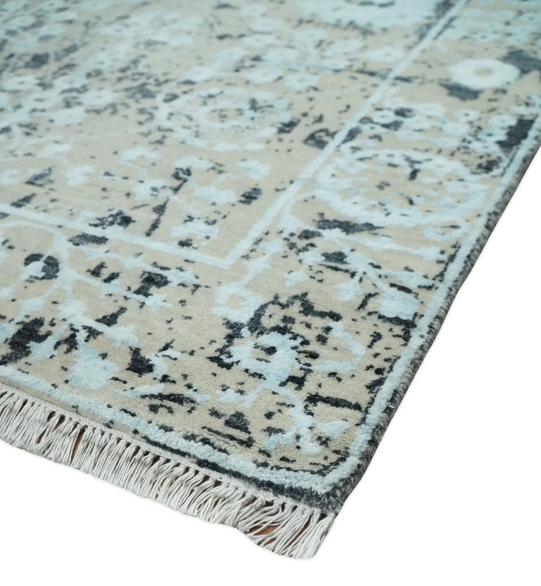 4x6 Fine Hand Knotted Aqua, Beige and Black Traditional Vintage Persian Style Antique Wool and Bamboo Silk Rug | AGR10 by The Rug Decor