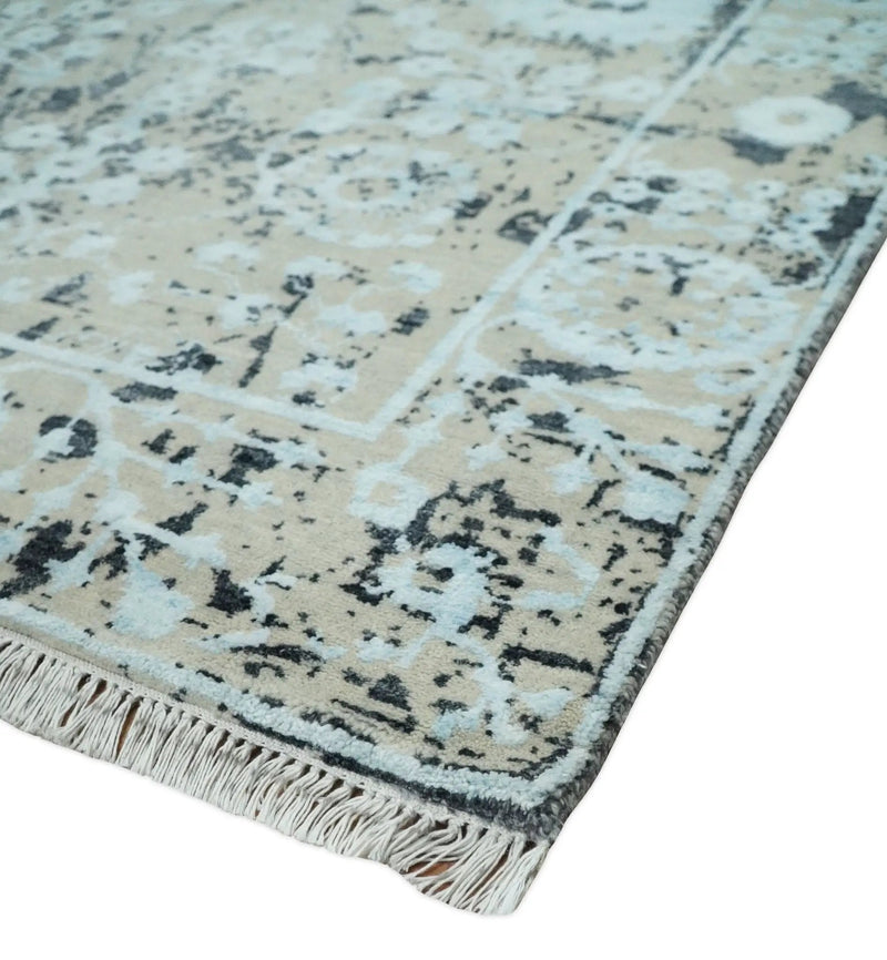 4x6 Fine Hand Knotted Aqua, Beige and Black Traditional Vintage Persian Style Antique Wool and Bamboo Silk Rug | AGR10 by The Rug Decor
