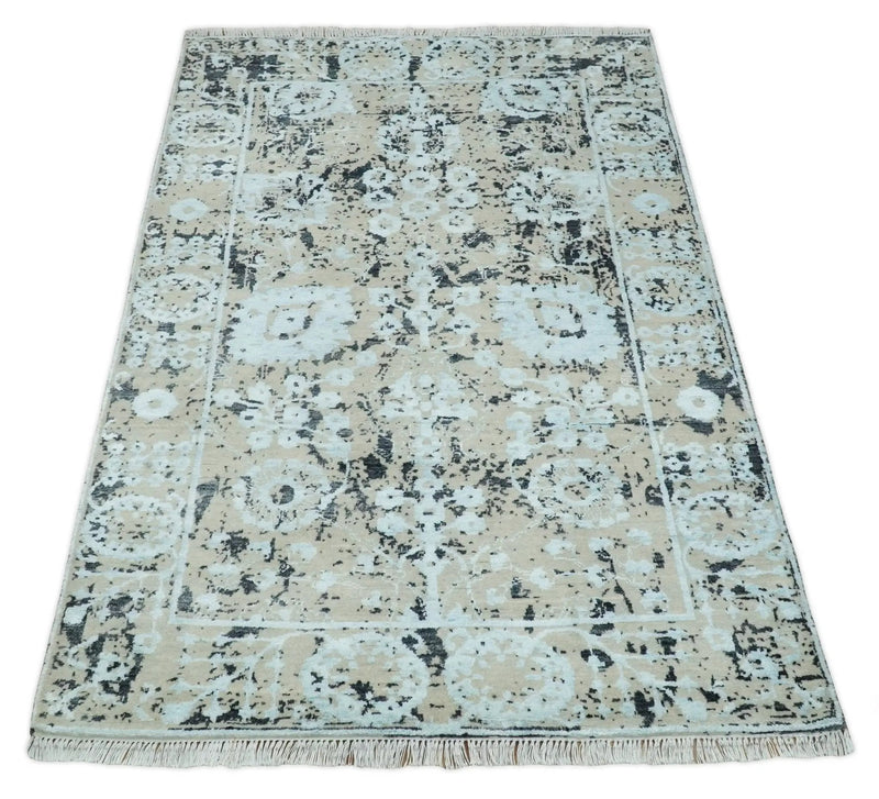4x6 Fine Hand Knotted Aqua, Beige and Black Traditional Vintage Persian Style Antique Wool and Bamboo Silk Rug | AGR10 by The Rug Decor