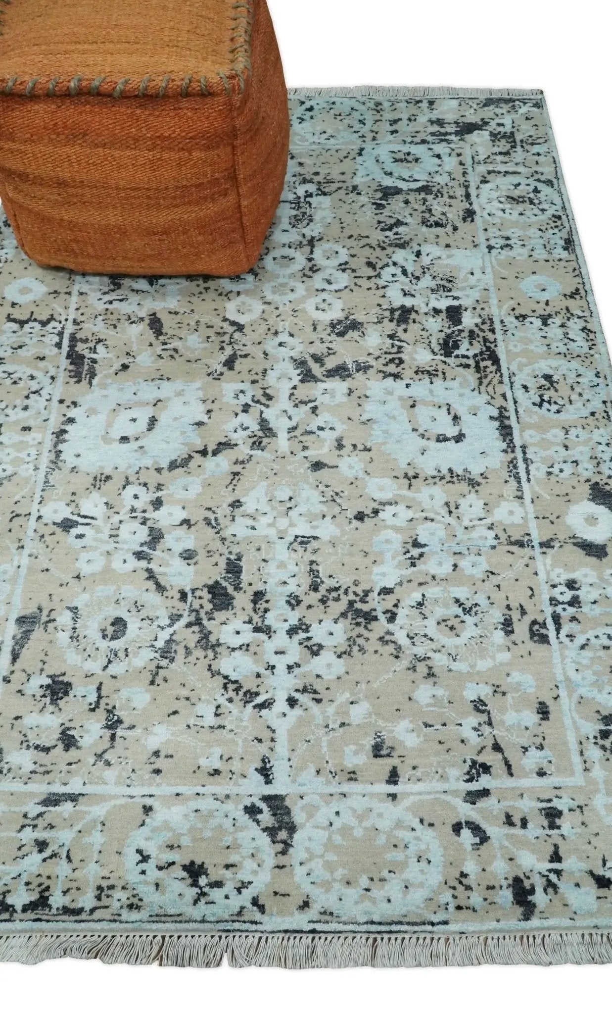 4x6 Fine Hand Knotted Aqua, Beige and Black Traditional Vintage Persian Style Antique Wool and Bamboo Silk Rug | AGR10 by The Rug Decor