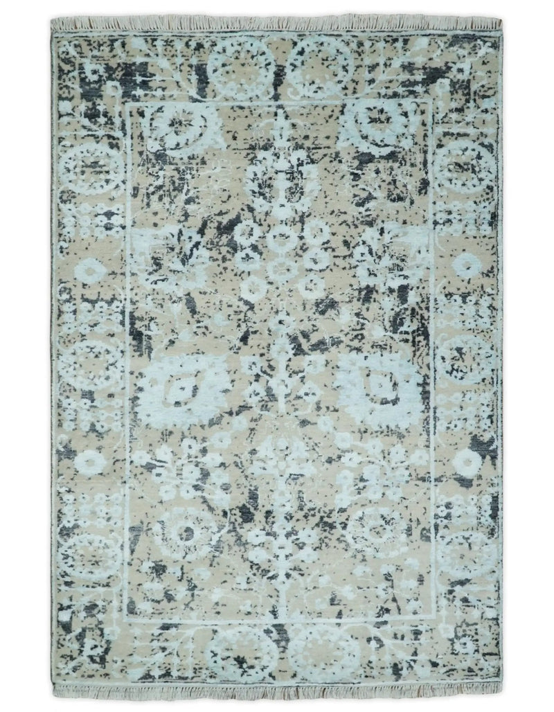 4x6 Fine Hand Knotted Aqua, Beige and Black Traditional Vintage Persian Style Antique Wool and Bamboo Silk Rug | AGR10 by The Rug Decor