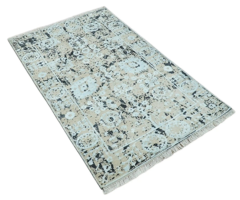 4x6 Fine Hand Knotted Aqua, Beige and Black Traditional Vintage Persian Style Antique Wool and Bamboo Silk Rug | AGR10 by The Rug Decor