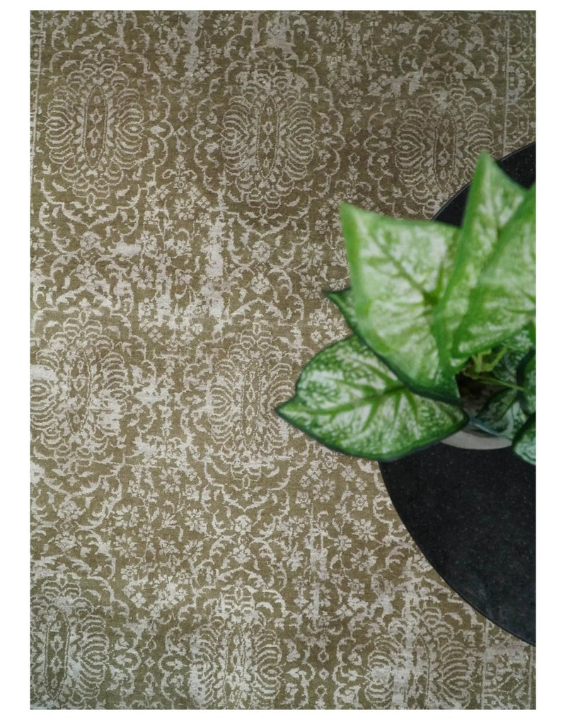 4x6 Fine Hand Knotted Olive and Silver Traditional Vintage Persian Style Antique Wool and SIlk Rug | AGR16 by The Rug Decor