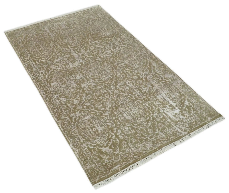 4x6 Fine Hand Knotted Olive and Silver Traditional Vintage Persian Style Antique Wool and SIlk Rug | AGR16 by The Rug Decor