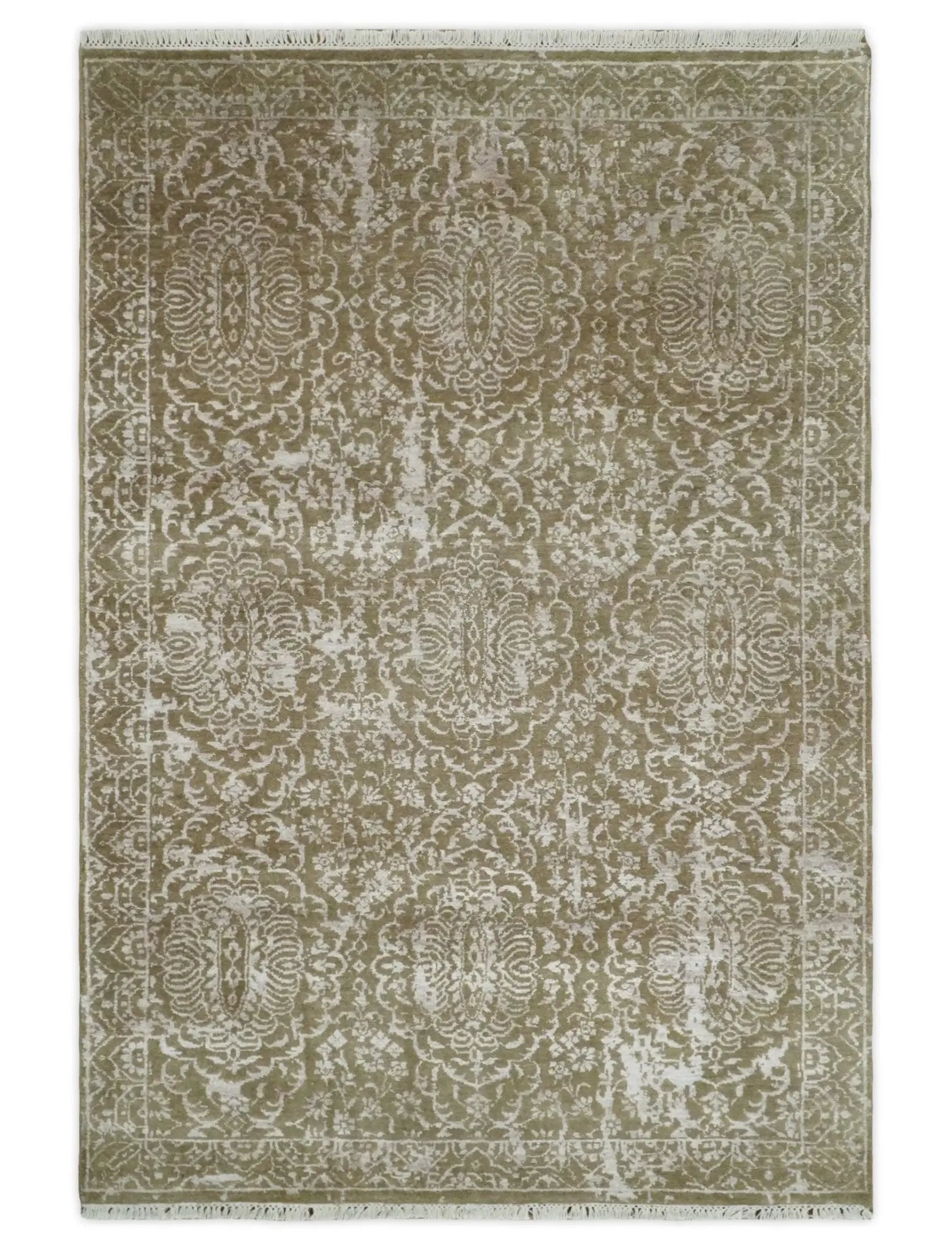 4x6 Fine Hand Knotted Olive and Silver Traditional Vintage Persian Style Antique Wool and SIlk Rug | AGR16 by The Rug Decor