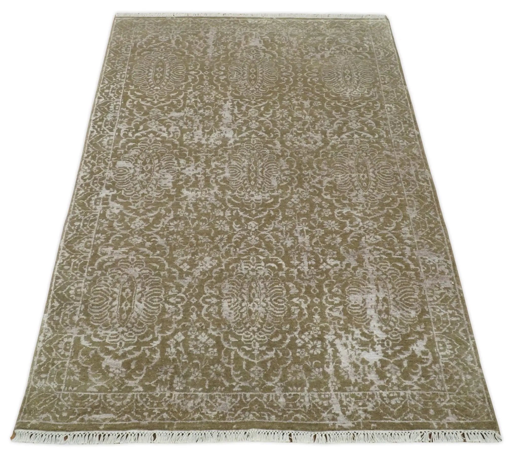 4x6 Fine Hand Knotted Olive and Silver Traditional Vintage Persian Style Antique Wool and SIlk Rug | AGR16 by The Rug Decor