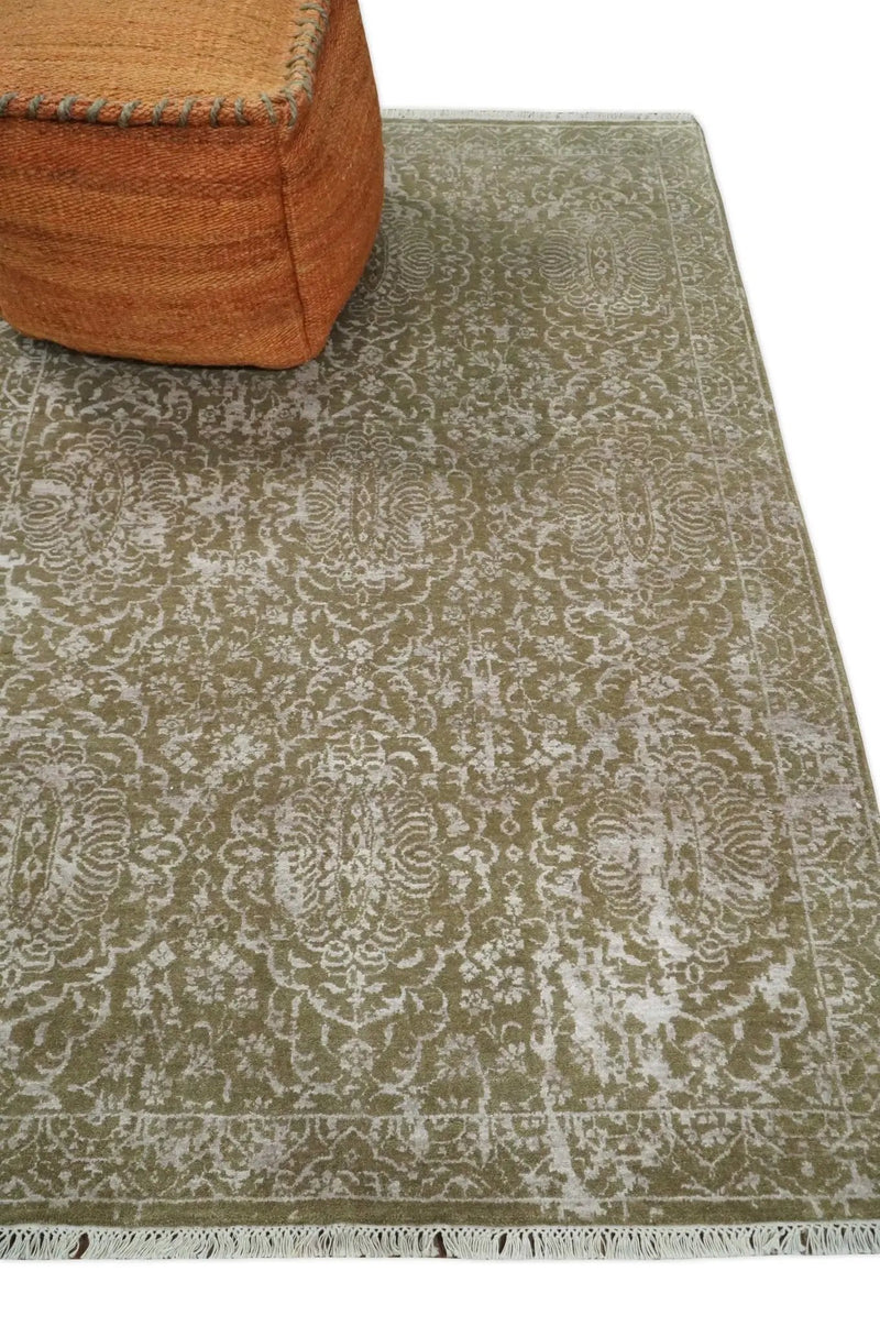 4x6 Fine Hand Knotted Olive and Silver Traditional Vintage Persian Style Antique Wool and SIlk Rug | AGR16 by The Rug Decor