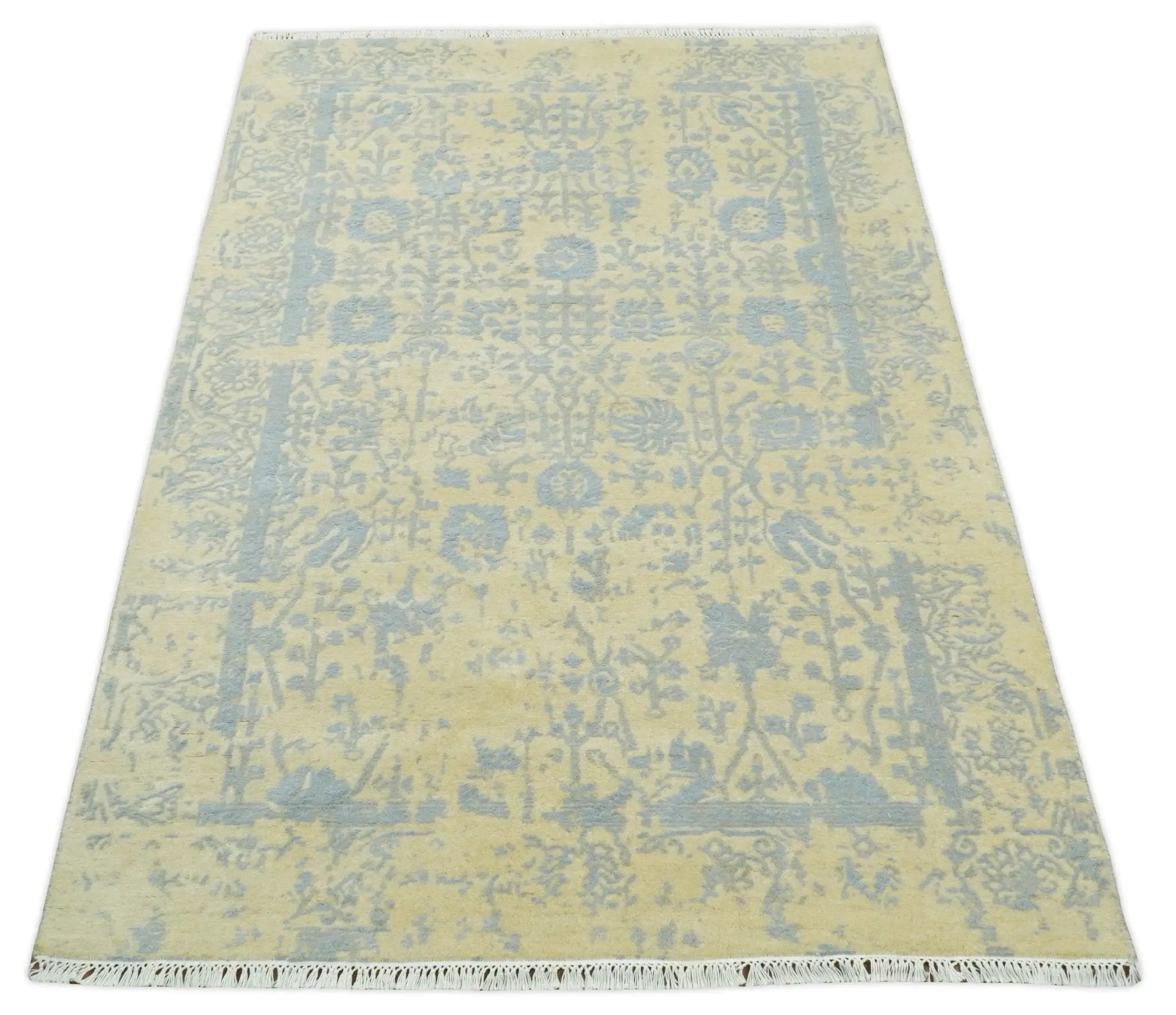 4x6 Fine Hand Knotted Gold and Silver Traditional Persian Style Antique Wool and Silk Rug by The Rug Decor