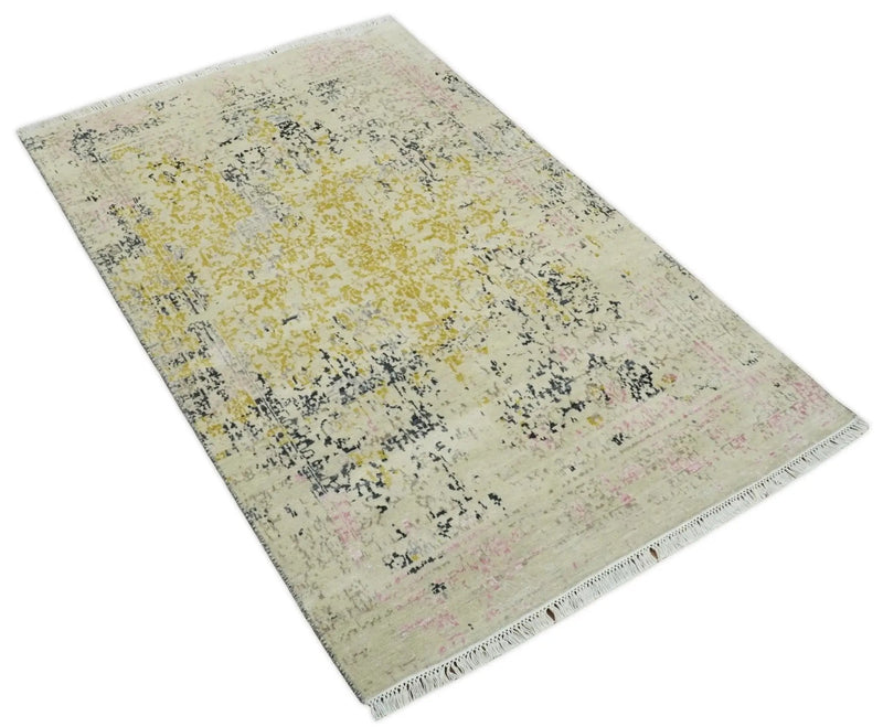 4x6 Fine Hand Knotted Gold, Gray and Ivory Modern Abstract Wool and SIlk Area Rug | AGR17 by The Rug Decor