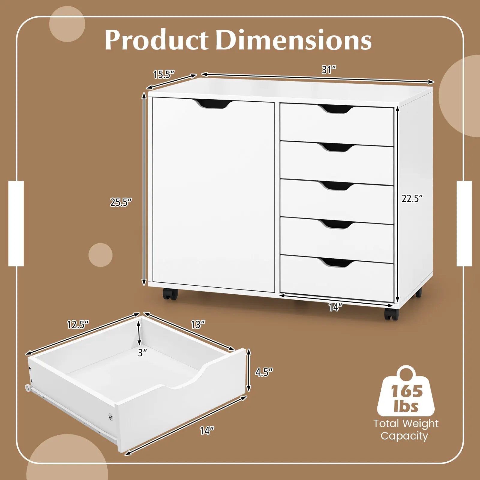 5-Drawer Dresser Chest Mobile Storage Cabinet with Door-White by DirectDeals
