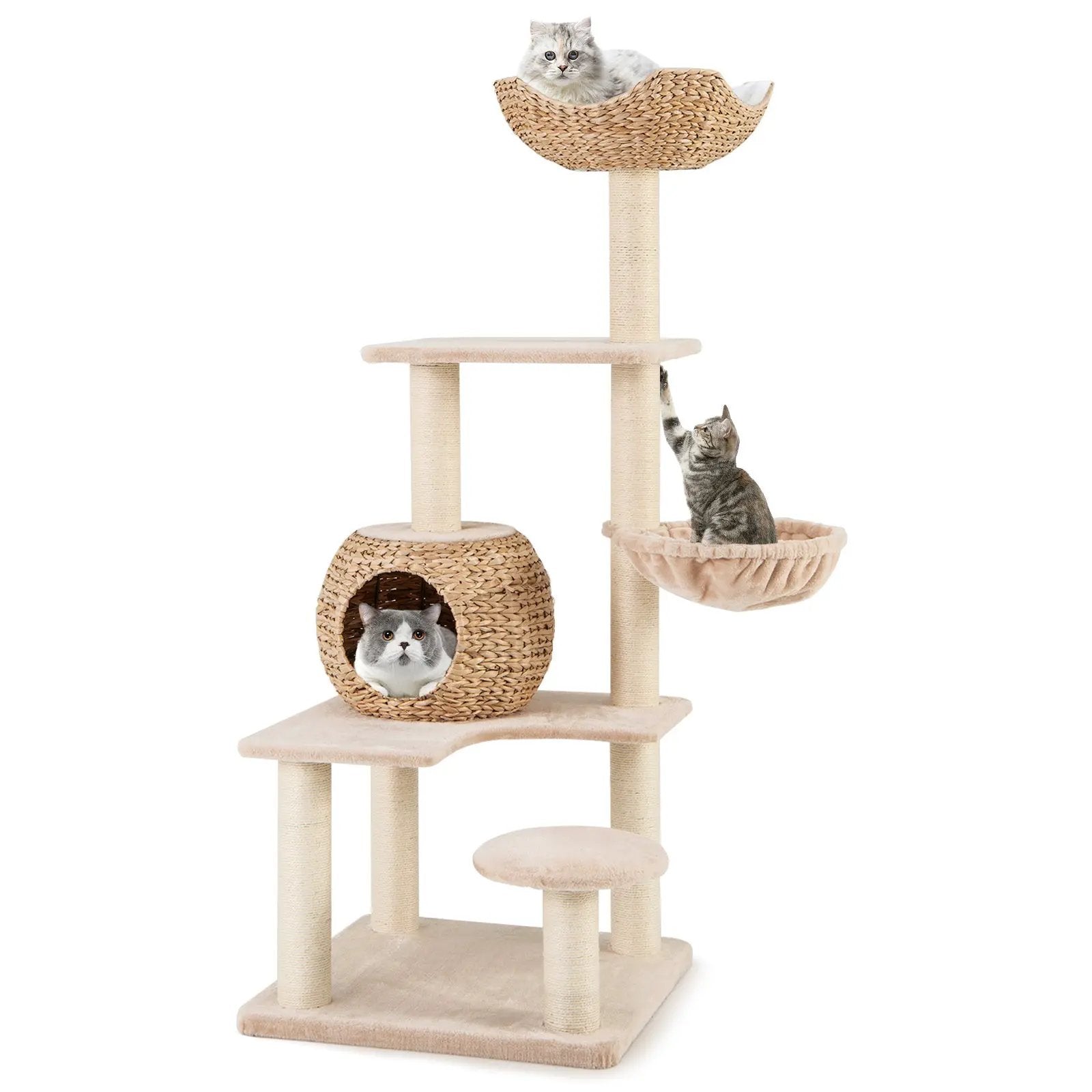 5-Layer Climbing Cat Tree with Sisal Scratching Posts and Washable Cushions-Beige by DirectDeals