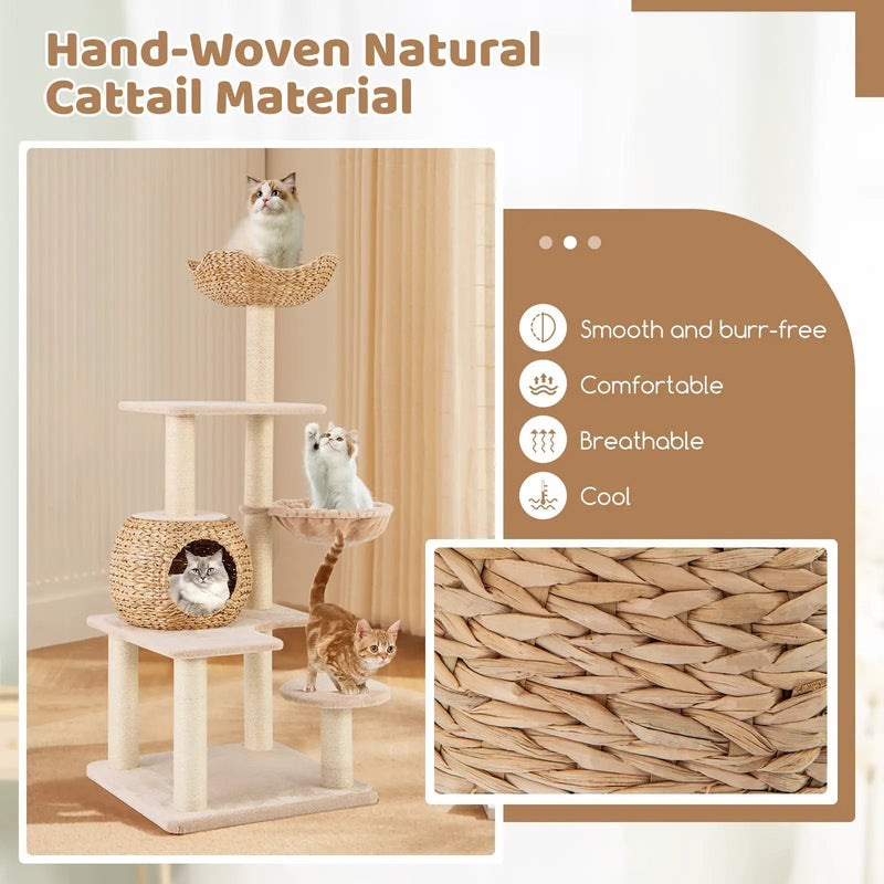 5-Layer Climbing Cat Tree with Sisal Scratching Posts and Washable Cushions-Beige by DirectDeals