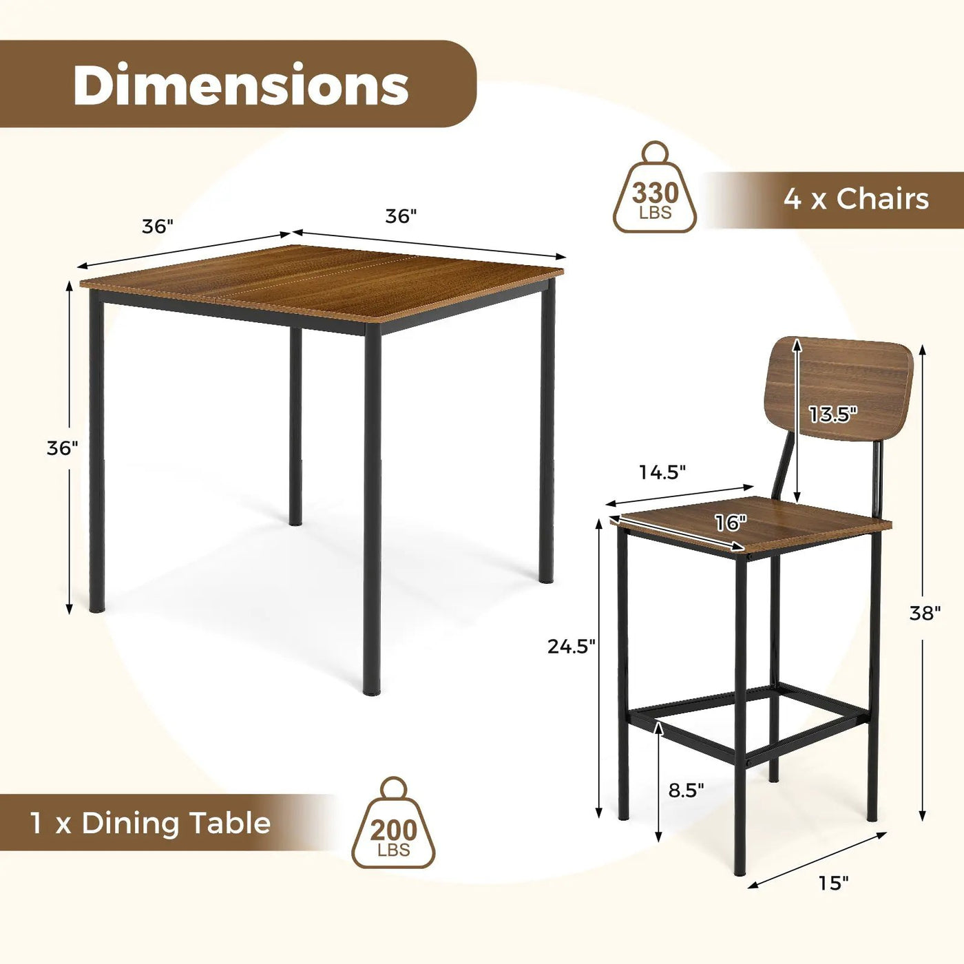 5 Pieces Industrial Dining Table Set with Counter Height Table and 4 Bar Stools-Coffee by DirectDeals