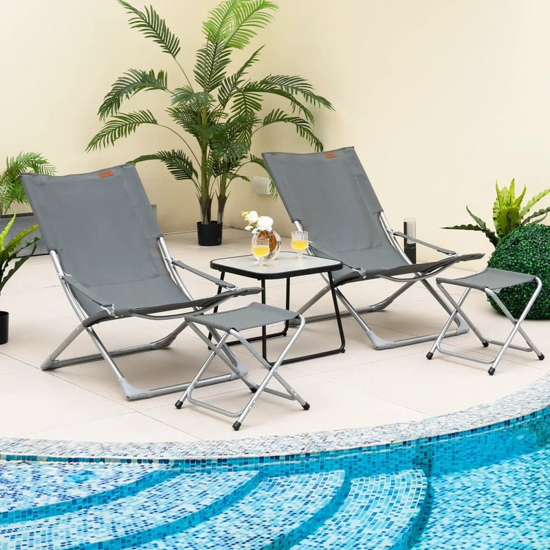 5-Piece Patio Sling Chair Set Folding Lounge Chairs with Footrests and Coffee Table-Gray by DirectDeals