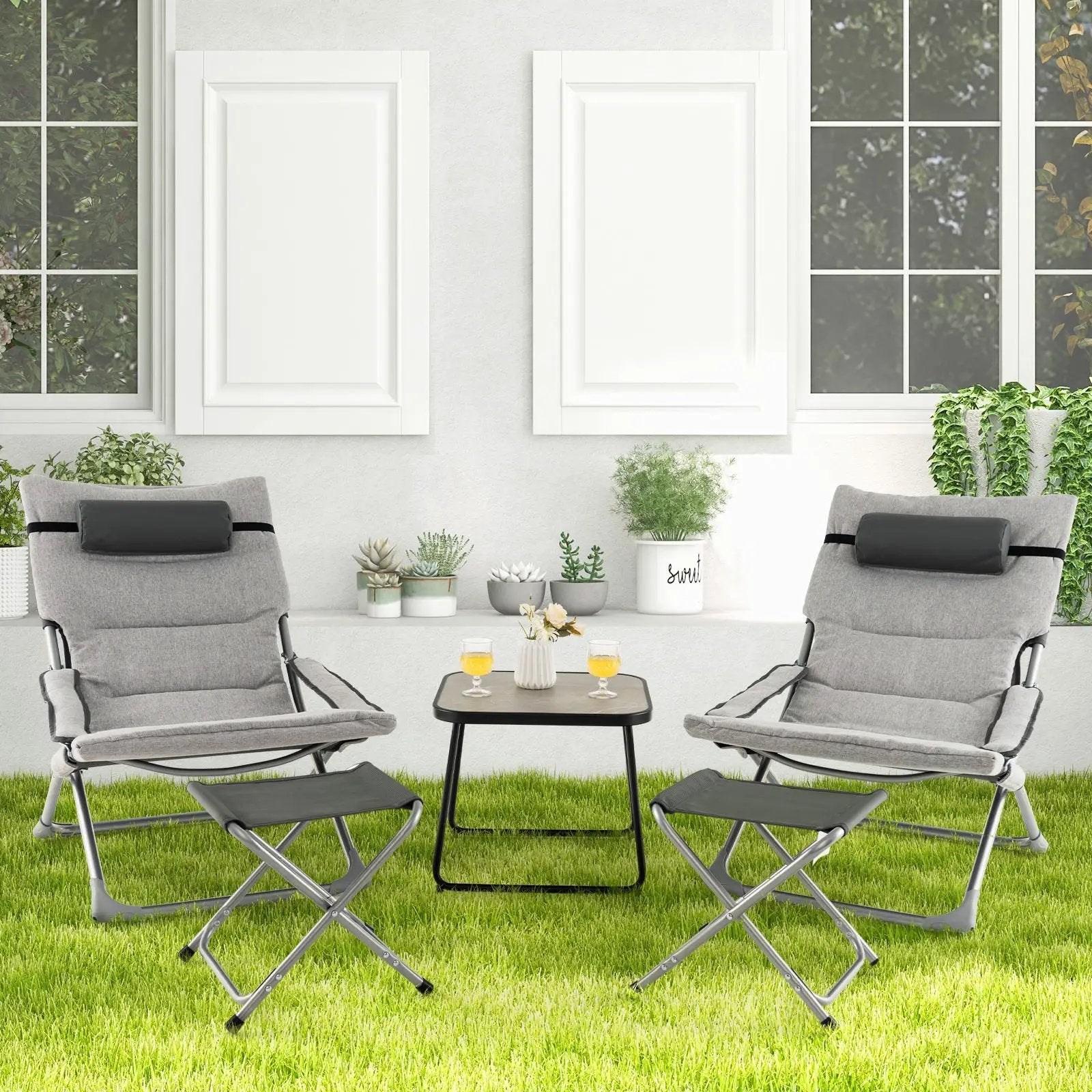 5-Piece Patio Sling Chair Set Folding Lounge Chairs with Footrests and Coffee Table-Gray by DirectDeals