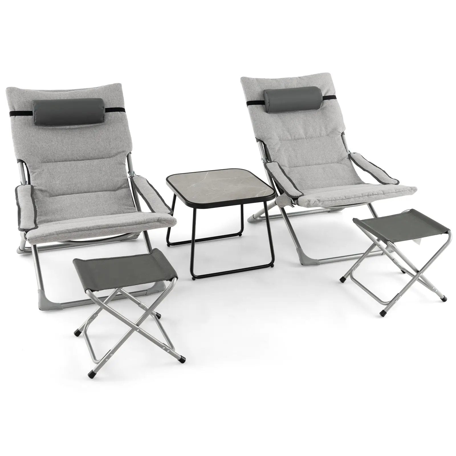5-Piece Patio Sling Chair Set Folding Lounge Chairs with Footrests and Coffee Table-Gray by DirectDeals