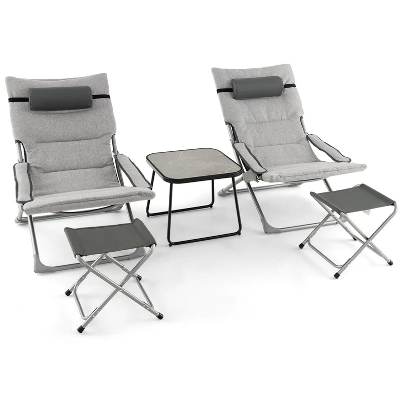 5-Piece Patio Sling Chair Set Folding Lounge Chairs with Footrests and Coffee Table-Gray by DirectDeals