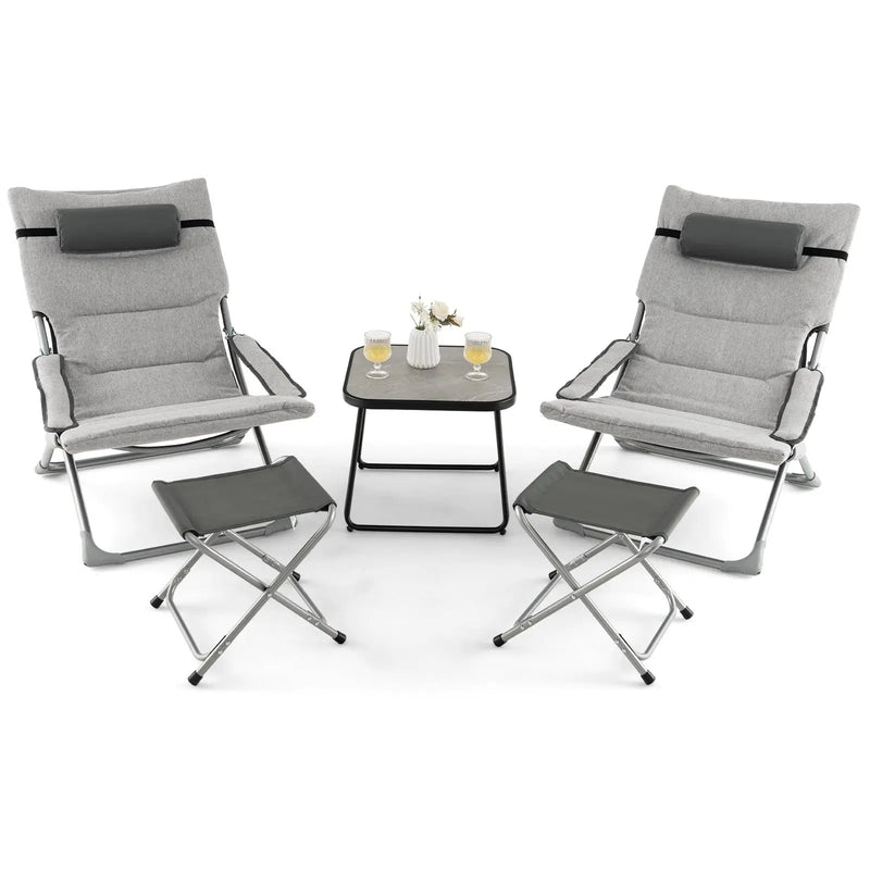 5-Piece Patio Sling Chair Set Folding Lounge Chairs with Footrests and Coffee Table-Gray by DirectDeals