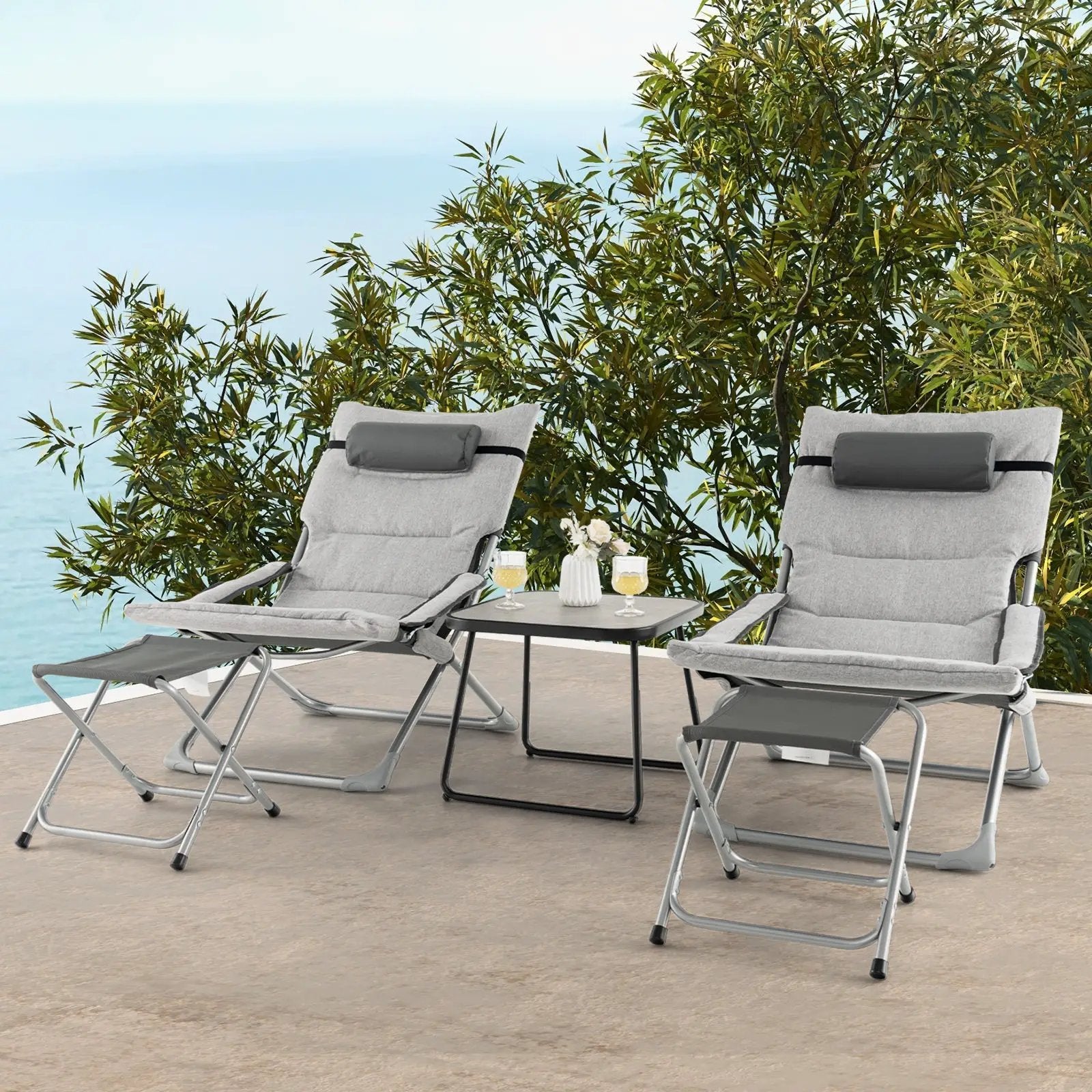 5-Piece Patio Sling Chair Set Folding Lounge Chairs with Footrests and Coffee Table-Gray by DirectDeals