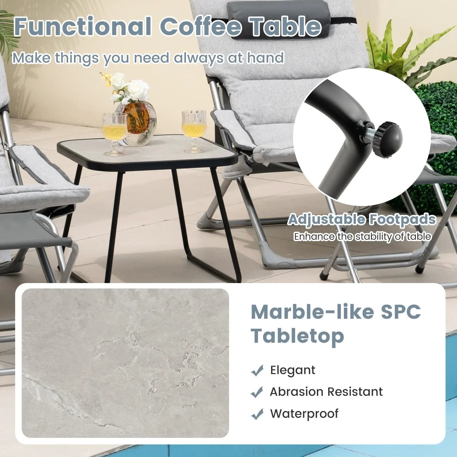 5-Piece Patio Sling Chair Set Folding Lounge Chairs with Footrests and Coffee Table-Gray by DirectDeals