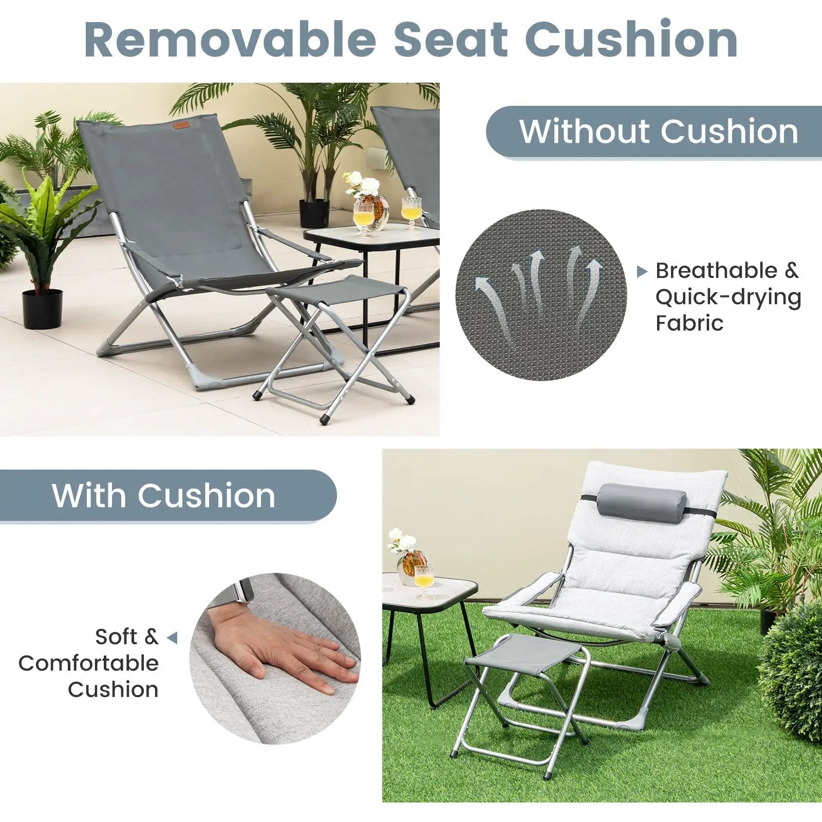 5-Piece Patio Sling Chair Set Folding Lounge Chairs with Footrests and Coffee Table-Gray by DirectDeals