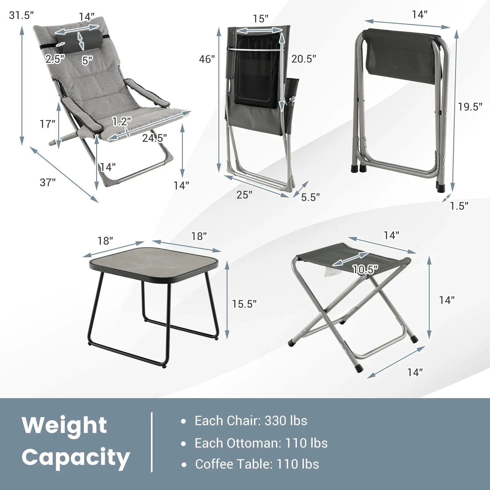 5-Piece Patio Sling Chair Set Folding Lounge Chairs with Footrests and Coffee Table-Gray by DirectDeals