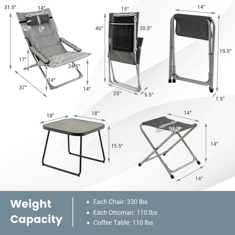 5-Piece Patio Sling Chair Set Folding Lounge Chairs with Footrests and Coffee Table-Gray by DirectDeals