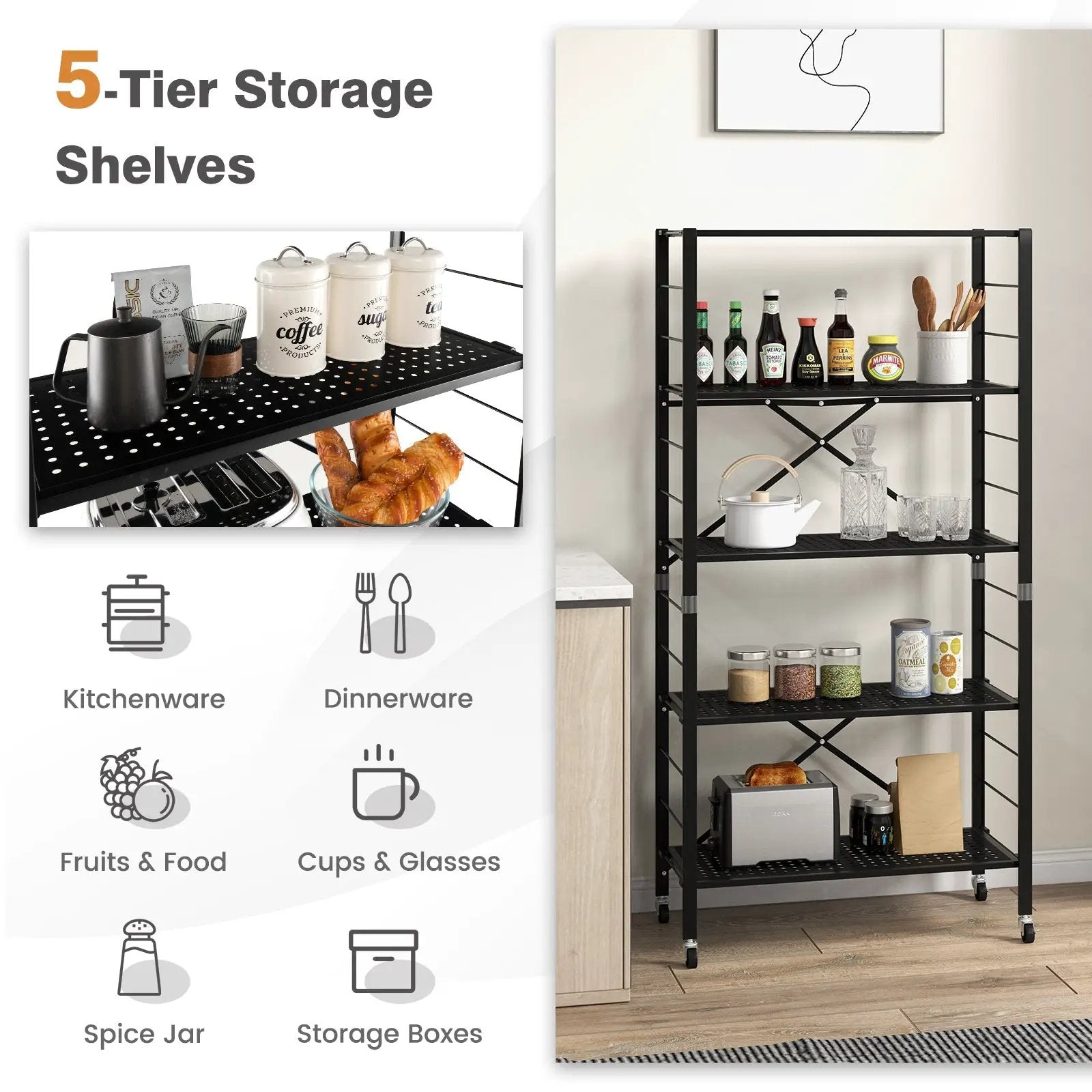 5-Tier Adjustable Shelves with Wheels for Garage Kitchen Balcony by DirectDeals
