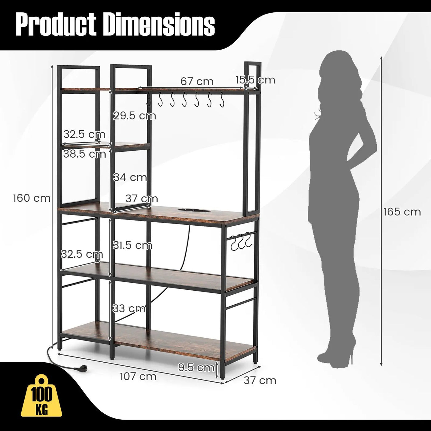 5-Tier Bakers Rack with Power Outlets and 10 S-Shaped Hooks by DirectDeals