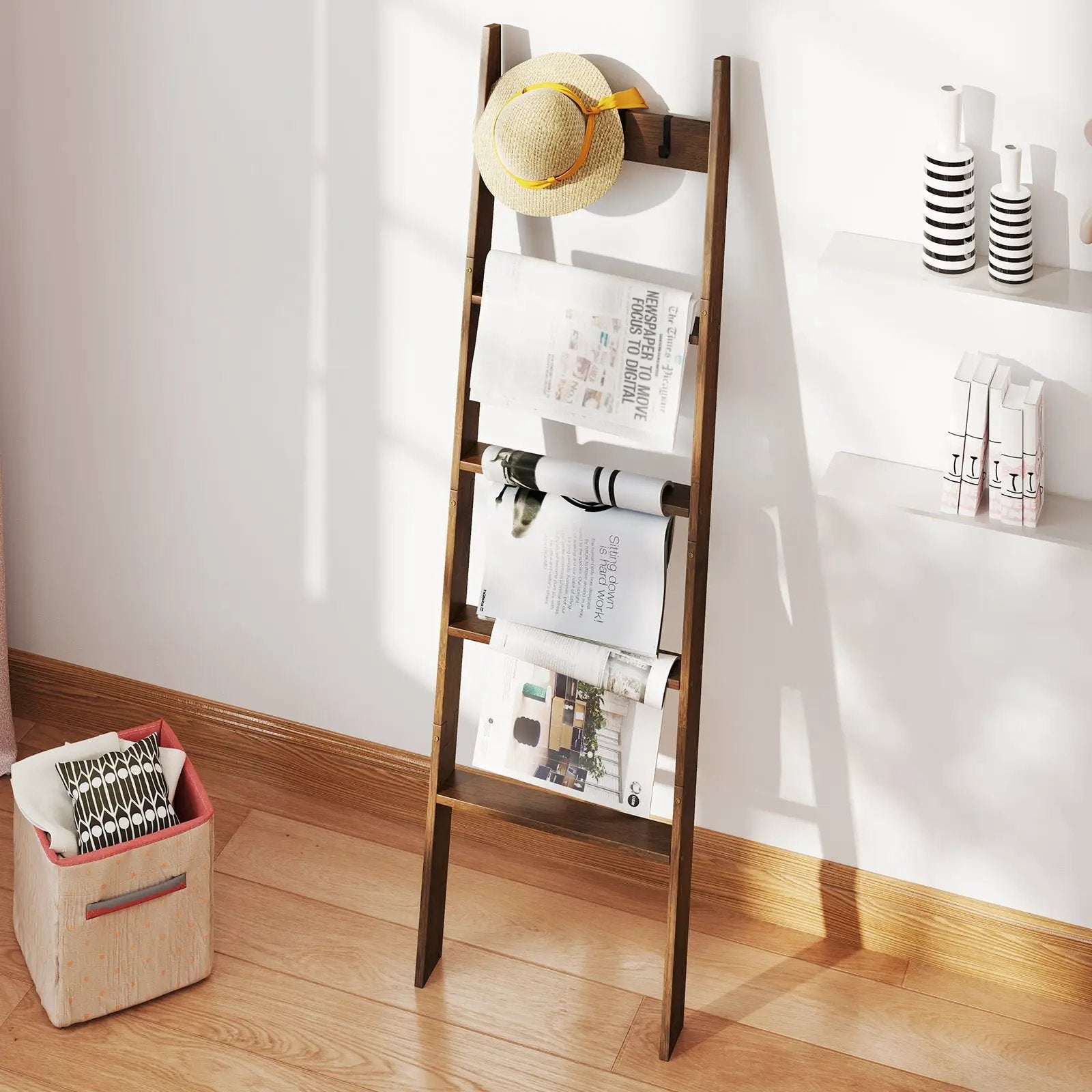 5-Tier Bamboo Ladder Bookshelf with 4 Removable Hooks-Brown by DirectDeals